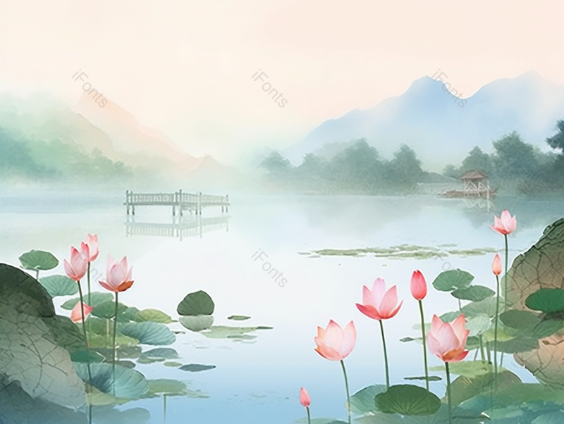 小暑池塘上远处的风景手绘背景,插画/手绘图,插画/手绘图库,插画/手绘图下载,插画/手绘
